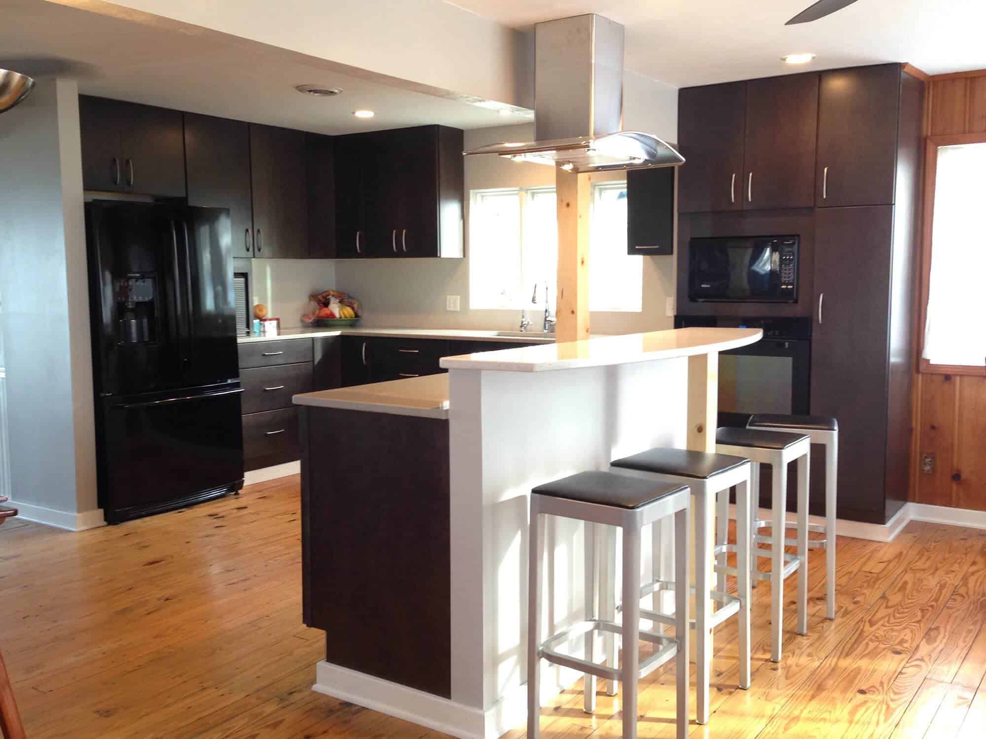 Remodeling a kitchen with a central island that includes bar stools.