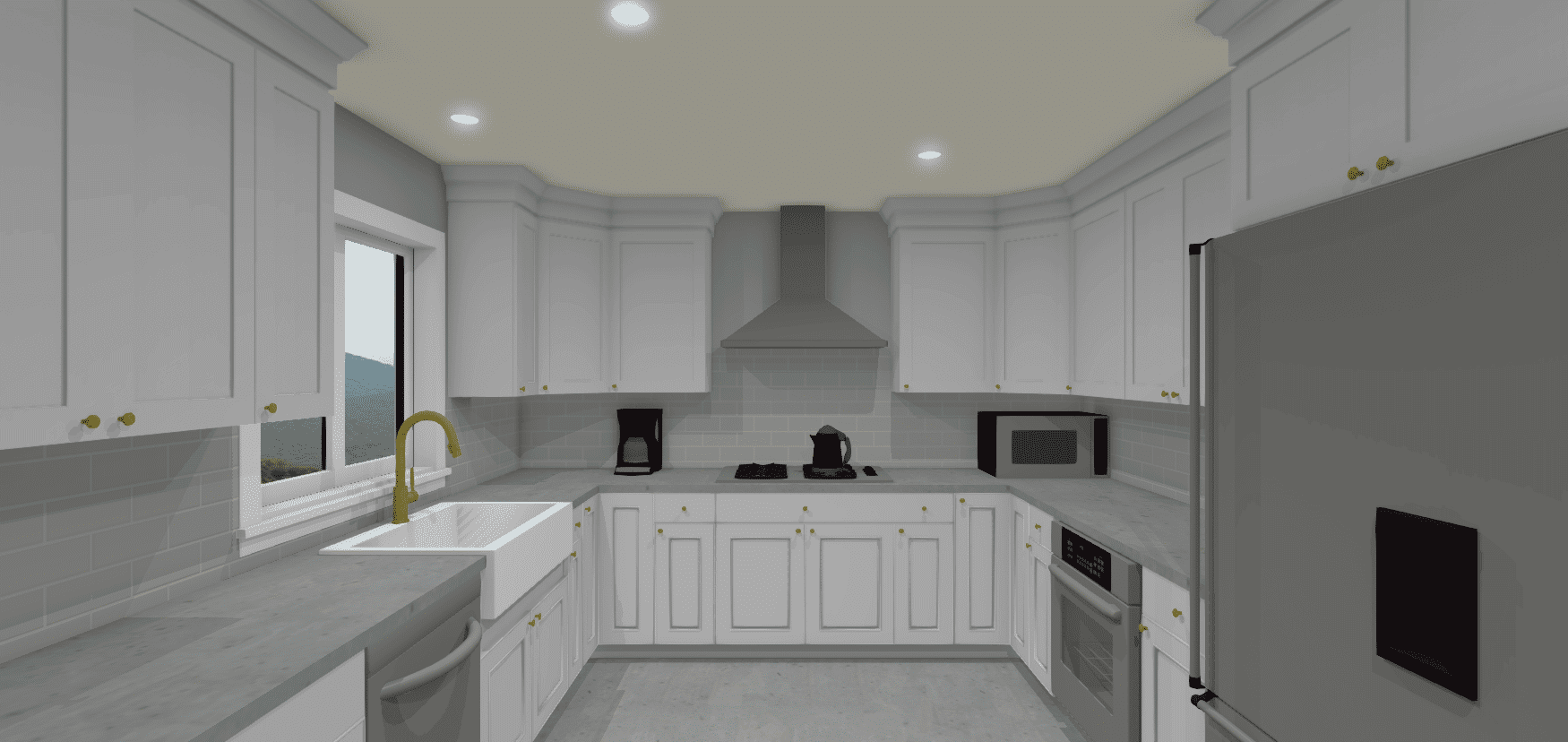 A 3d rendering of a kitchen with white cabinets.