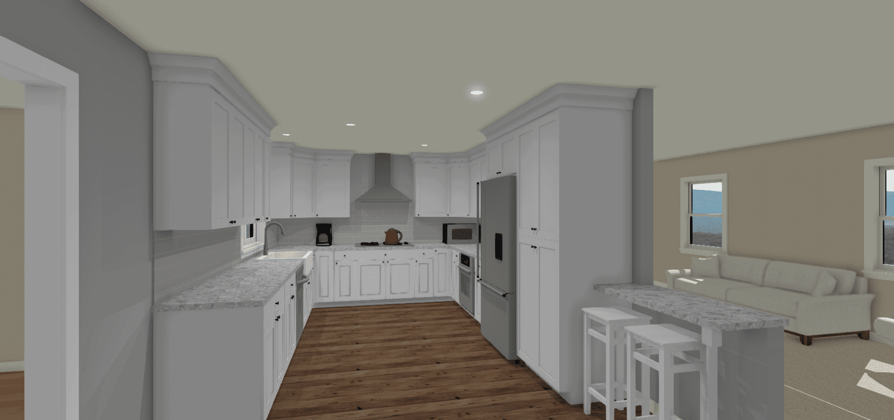 A 3d rendering of a kitchen.