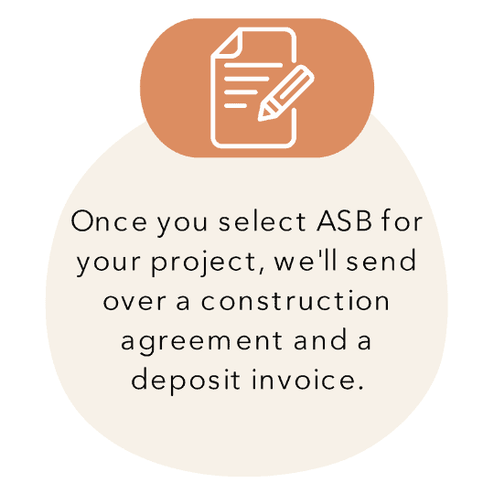 Icon of a document with a pencil, overlaying text explaining the process of sending a construction agreement and deposit invoice upon project selection.