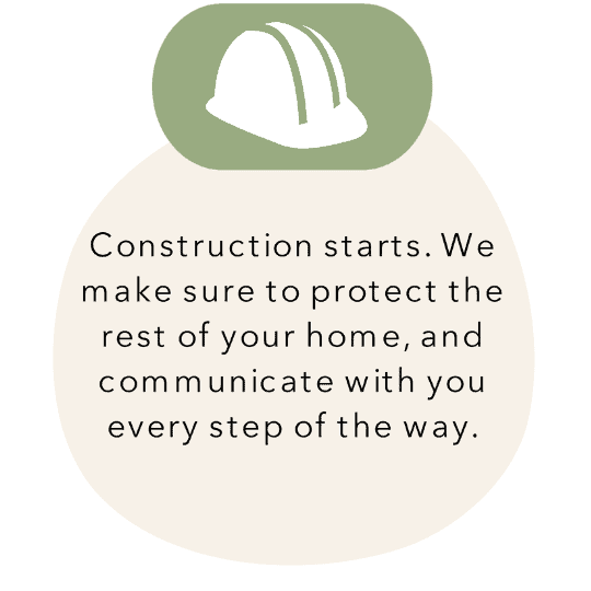 Illustration of a white construction helmet with text stating, "construction starts. we make sure to protect the rest of your home, and communicate every step of the way.