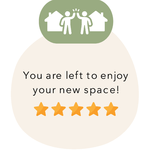 Illustration of a logo with two people under a roof, the text "you are left to enjoy your new space!" and five golden stars below.