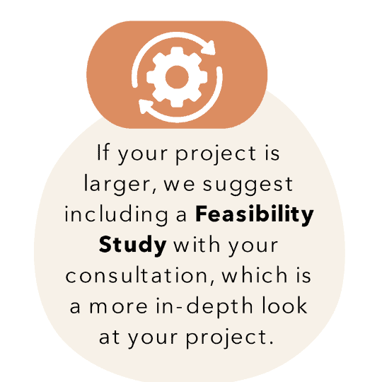 Graphic suggesting a feasibility study consultation for larger projects, with a gear icon on an orange backdrop.