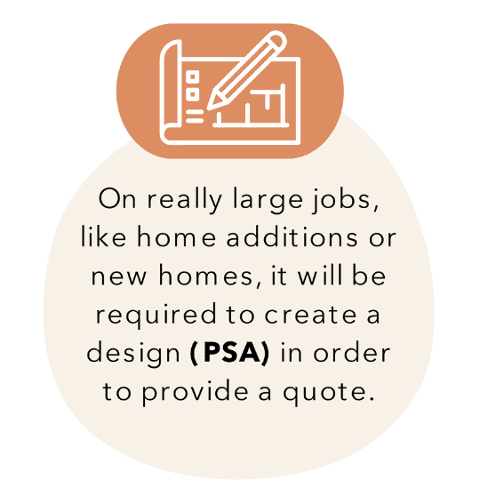 Icon of a pencil over a blueprint inside a speech bubble with text about needing a design (psa) for large construction jobs.