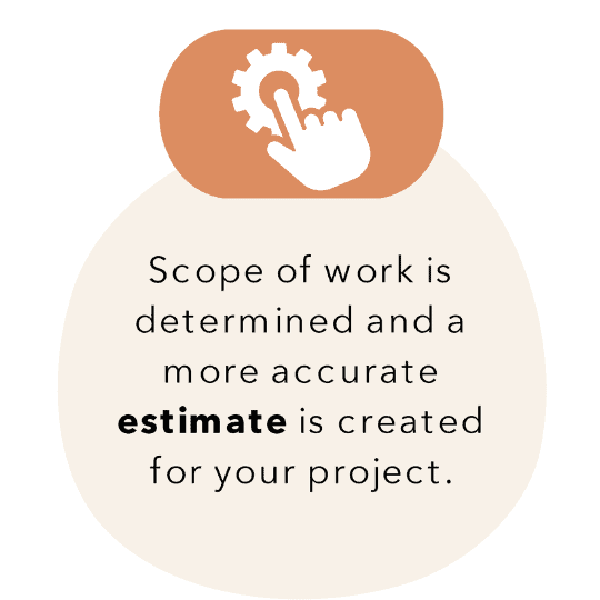 Illustration of a hand touching a gear icon with text stating "scope of work is determined and a more accurate estimate is created for your project.