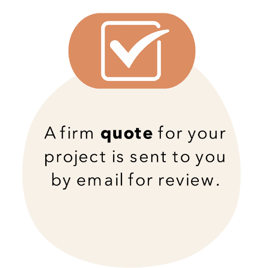 Icon of a checkbox inside an envelope above text stating "a firm quote for your project is sent to you by email for review.