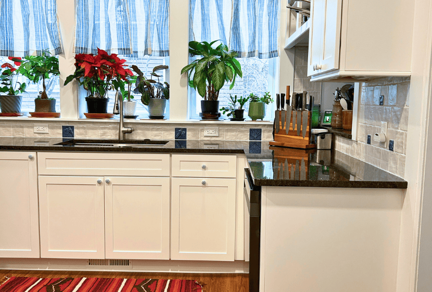 A kitchen remodel in Oberlin features white cabinets, black countertops, houseplants on the windowsill, a knife block, and a red rug on the floor.